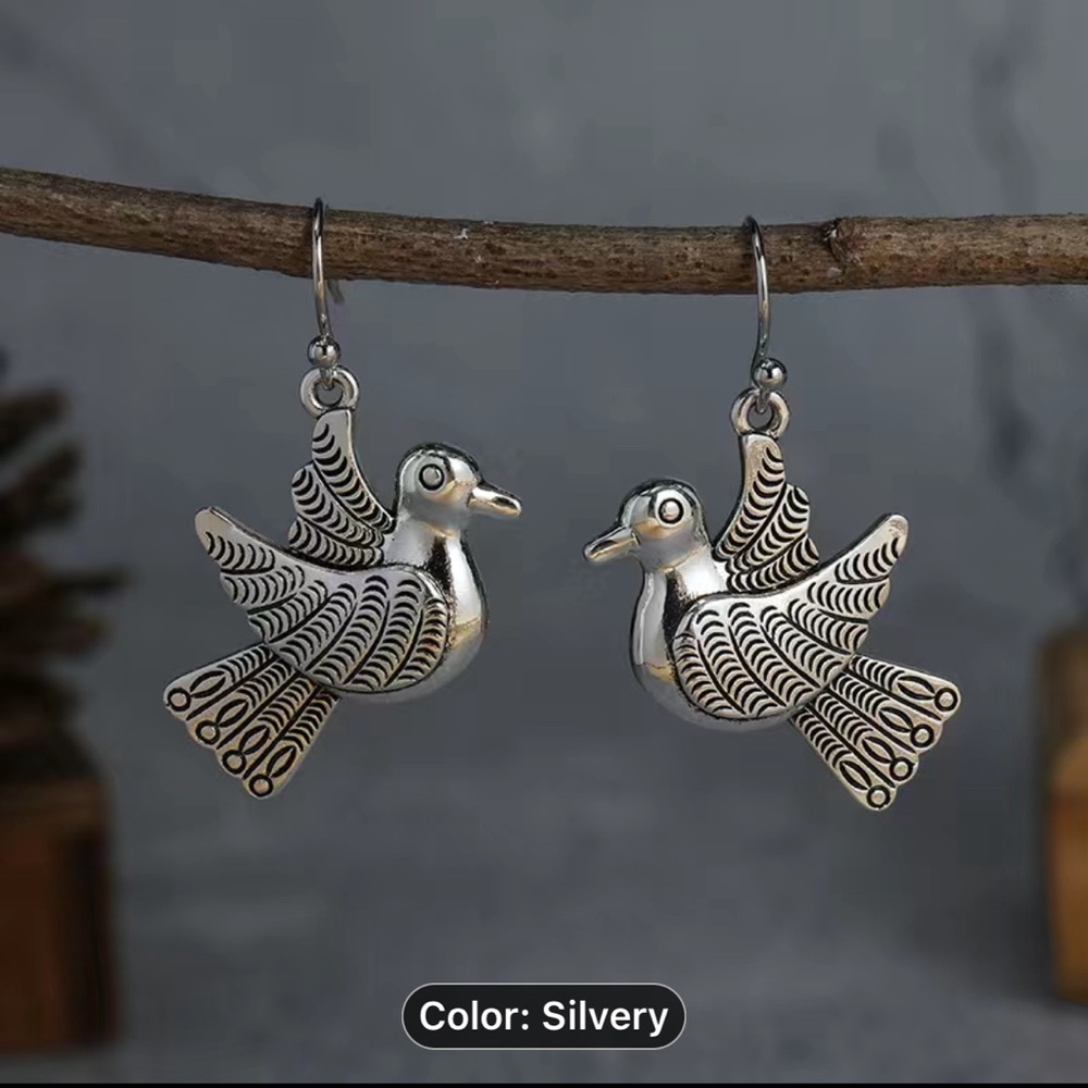 Silvery Bird Design Earrings Bohemian Style, Silver Plated!